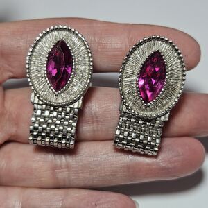 Vintage Swank Pink Marquise Rhinestone Silver Tone Mesh Wrap Around Cuff Links